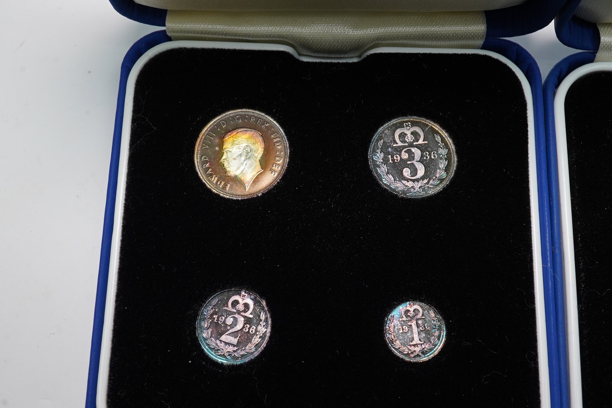 British silver coins, George V maundy set, 1931, 1d - 4d, UNC with much original lustre and Edward VIII fantasy Maundy set dated 1936, both in later cases